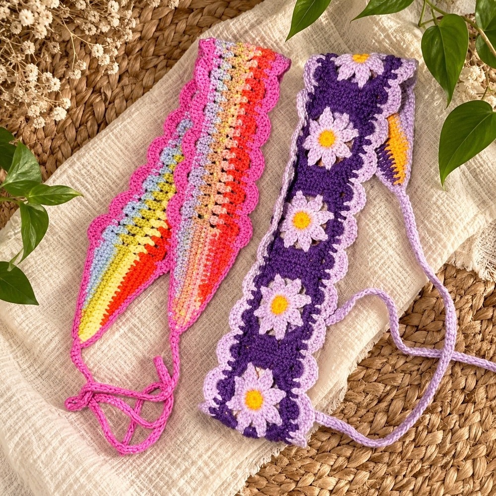 Handmade Crochet Headband Set Rainbow and Purple Daisy Boho Hair Scarf 2pc